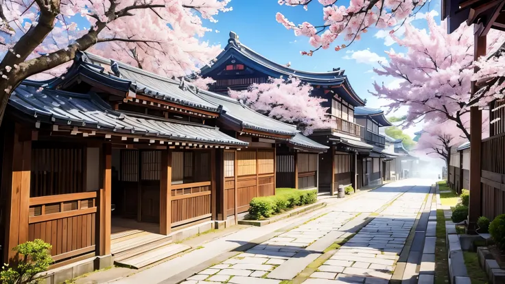 Choosing a place: Draw the traditional townscape of Kyoto。 seasonal selection: Draw a landscape of spring cherry blossoms in full bloom。 detailed description: On a street lined with gorgeous cherry blossom trees、A row of old wooden houses。people on the roa...