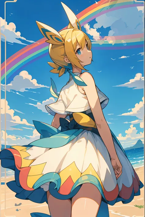 1girl, pokémon card(top quality)(high quality)(Convoluted Details)(ultra-detailliert)(illustratio)(Distinct image)Against the backdrop of the vast sky, Rainbow View,