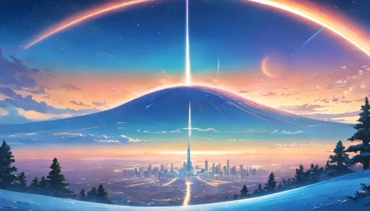 ((subject)) A huge starship; ((view)) from the surface of a planet; ((environment)) futuristic city trees, grass, snow in the distance; ((time)) evening, few clouds, you can see the rings of the planet, two moons and many stars; ((atmosphere)) surreal