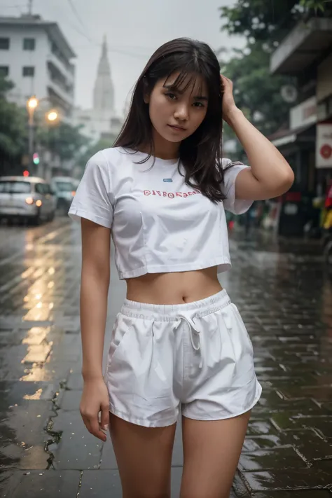 high details , raining ,best quality,8k resolution,full body, the girl,20 yo, myanmar ,short pant,white shirt,