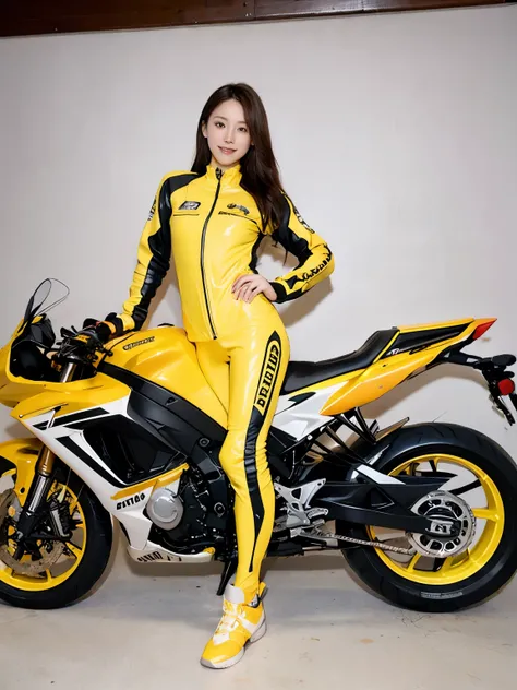 Super detailed, High resolution, (realistic, Photoreal:1.4), 8K, RAW photo, (masterpiece), (highest quality), (The details are very fine)、Physically based rendering, ((((ride a motorcycle))))、Female college student, long brown hair, Korea,  smile、((long le...