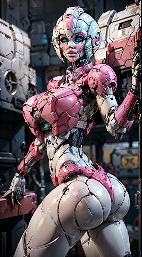 (Arcee), Arafed Mujer con un traje futurista posando para una foto, (detailed face), defined cheekbones, (puffy lips), (white sclera), en armadura futurista blanca, girl in mecha cyber armor, (helmet covers forehead), full lips, (pink and white color schem...