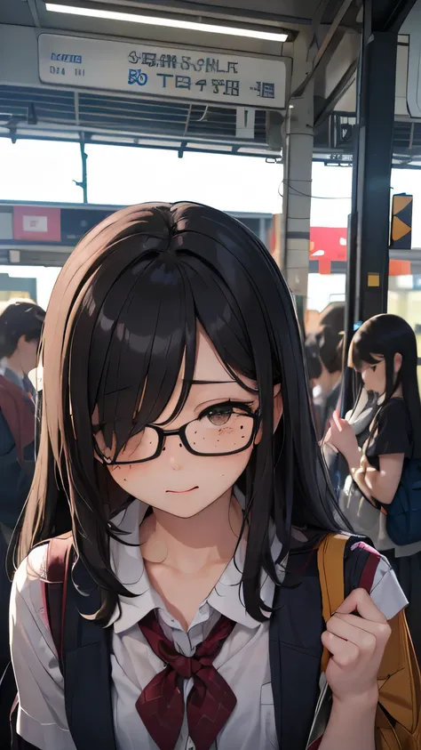 summer、station platformでWaiting for the train、thick、Sweat、、high school girl、summer服のセーラー服、student bag、、low length、(((((Eyes hidden by long bangs)))))、(((freckles、long black hair:1.2　hair band)))(((Black Rim Glasses:1.2　black eye)))、strong sunlight、thicksum...