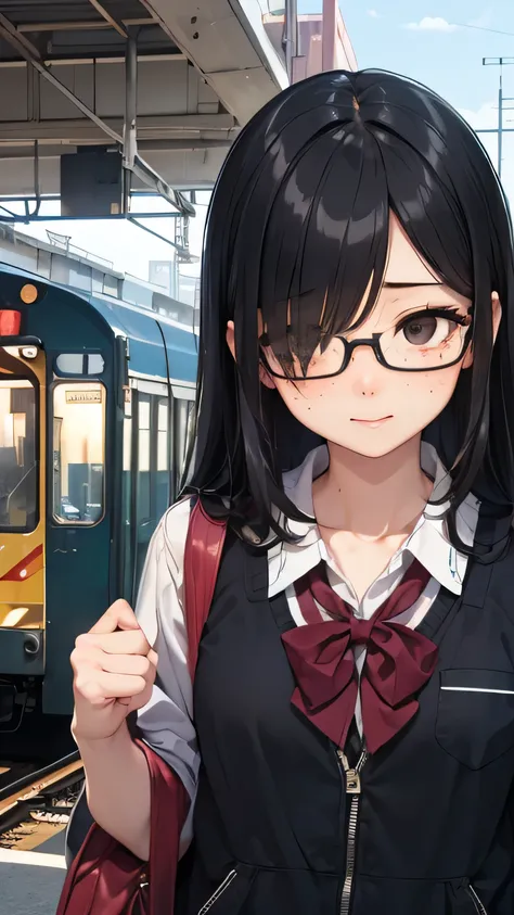 summer、station platformでWaiting for the train、thick、Sweat、、high school girl、summer服のセーラー服、student bag、、low length、(((((Eyes hidden by long bangs)))))、((([freckles:0.8]、long black hair:1.2　hair band)))(((Black Rim Glasses:1.2　black eye)))、strong sunlight、th...