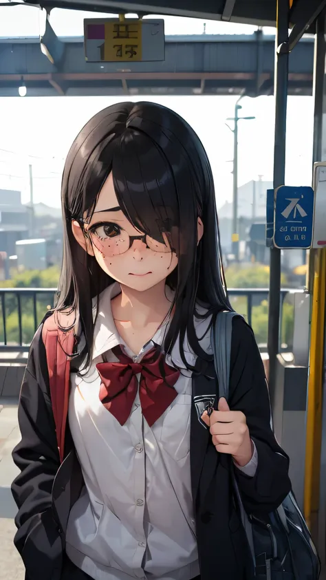 summer、station platformでWaiting for the train、thick、Sweat、、high school girl、summer服のセーラー服、student bag、、low length、(((((Eyes hidden by long bangs)))))、(((freckles、long black hair:1.2　hair band)))(((Black Rim Glasses:1.2　black eye)))、strong sunlight、thicksum...