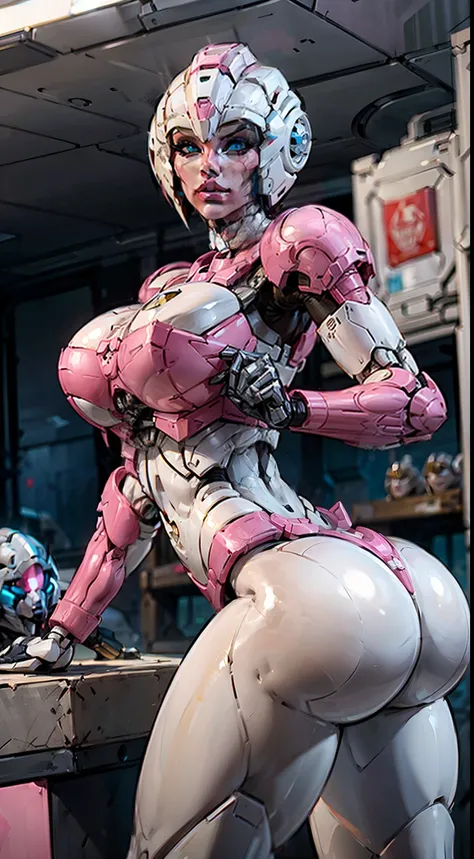 (Arcee), Arafed Mujer con un traje futurista posando para una foto, (detailed face), defined cheekbones, (puffy lips), (white sclera), en armadura futurista blanca, girl in mecha cyber armor, (helmet covers forehead), full lips, (pink and white color schem...