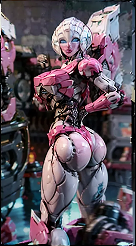 (Arcee), Arafed Mujer con un traje futurista posando para una foto, (detailed face), defined cheekbones, (puffy lips), (white sclera), en armadura futurista blanca, girl in mecha cyber armor, (helmet covers forehead), full lips, (pink and white color schem...