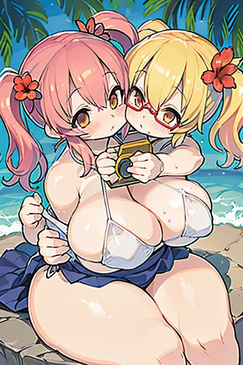 Two-dimensional girl、((Summer light))、Steppe on a summer day、((From the top))、The Sun Directly Above、huge-breasted、big round glasses、bbw,Large Thigh、Two girls、embracing each other、Deep kissing、the kiss、lesbian、red blush、Okinawa、hibiscus