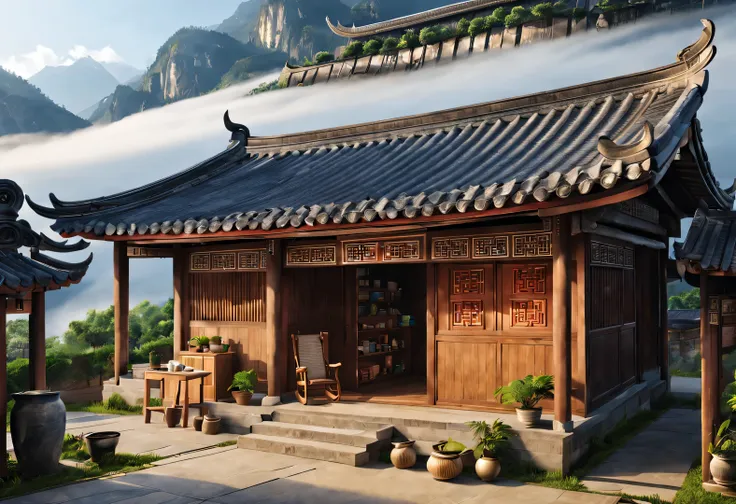 a small courtyard in rural china，there is an old wooden house inside，the cabin is a canteen，there are three words written on the...