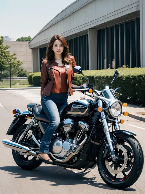 Super detailed, High resolution, (realistic, Photoreal:1.4), 8K, RAW photo, (masterpiece), (highest quality), (The details are very fine)、Physically based rendering, ((((ride a motorcycle))))、Female college student, long brown hair, Korea,  smile、((long le...