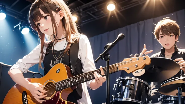 girl playing guitar with boy drumming