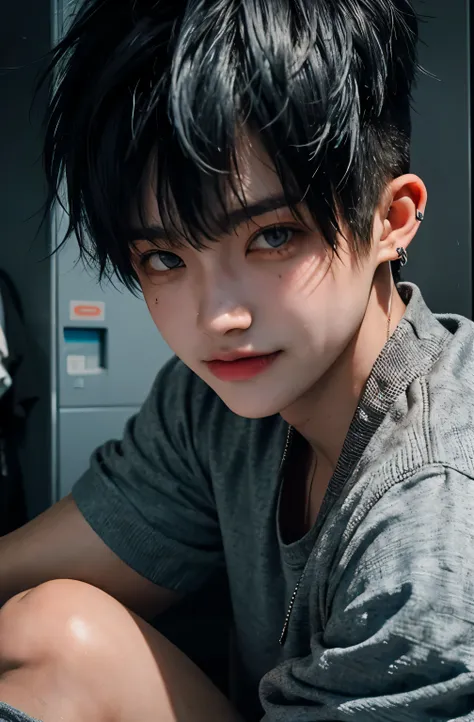 smile、Beautiful boy absurd masterpiece HDR high quality image , handsome face, detailed face, blue hair , very short hair, ((messy cut hairstyle:1 )) , gray eyes, white skin , ((muscular:1)),masculine ,age 18 , 

Wearing the student varsity team, topless ,...