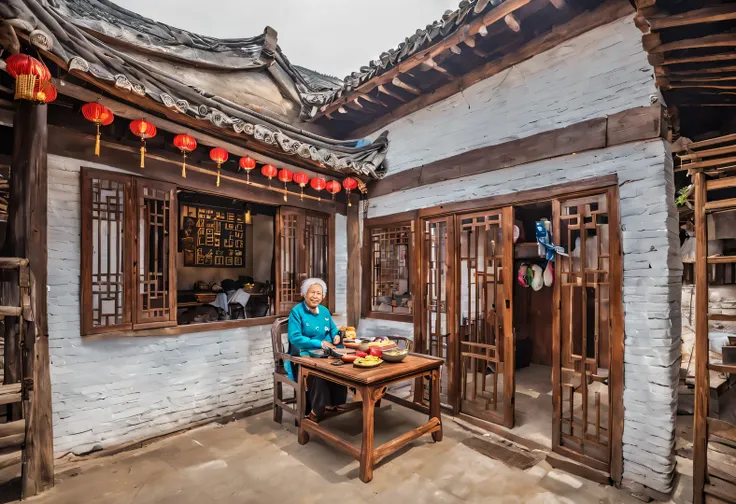 a small courtyard in rural china，there is an old wooden house inside，the cabin is a canteen，there are three words written on the...