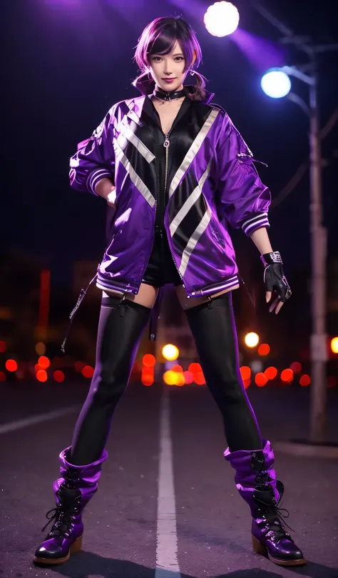 ((best quality)), ((masterpiece)), (detailed), perfect face. A real life photo. action pose Reina a female japanese street fighter,around 18s, cute  smiling face. purple highlighted black bobcut hair tips. wears a long split sports jacket with white stripe...