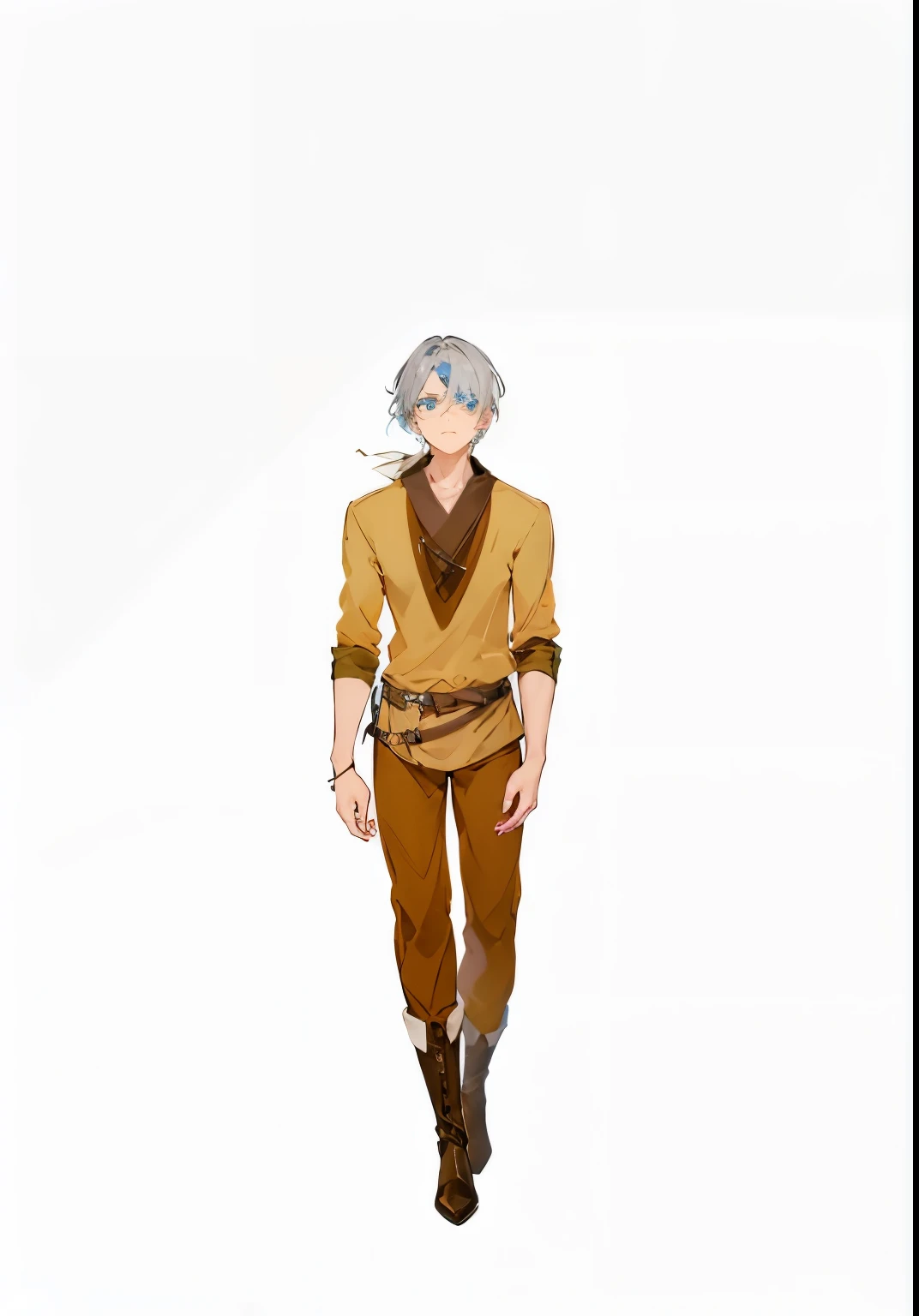 1 boy, Grey hair, one blue eye, one grey eye, dark brown boots, brown leggings. Belt, cream brown shirt, white skin, perfect shading, perfect lighting, fix face,