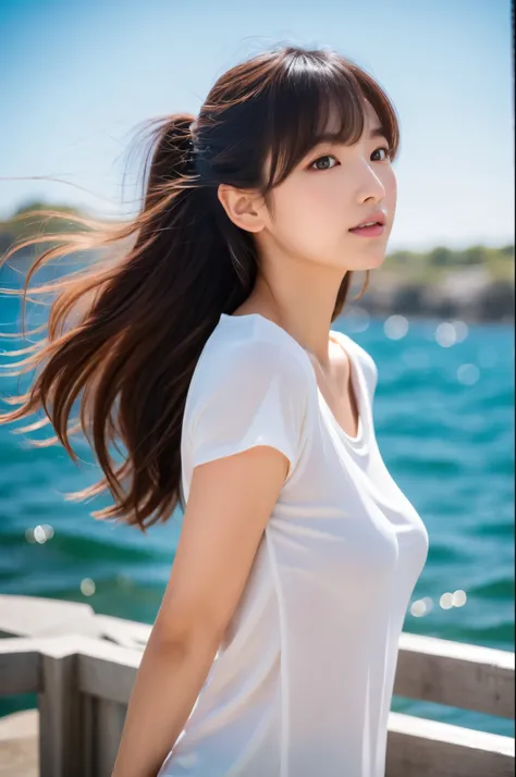 (8k, highest quality, masterpiece: 1.2), (hair_style), (realistic, photorealistic: 1.37), Skinny Japanese lady, 30 years old, plump eyes, highest quality, masterpiece, in the summer sunshine, sky and sea view, shot on wooden deck, [small breasts], backligh...