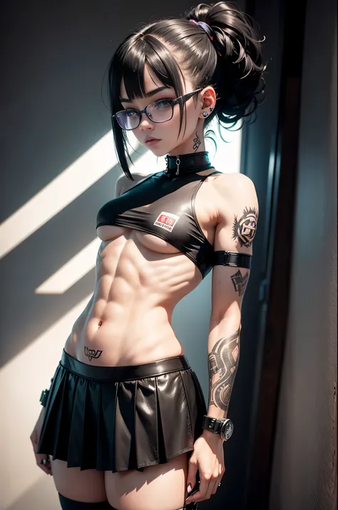 full body view  photo of a seductive modern goth 14 year old . baby face, small, tiny slender body. Body is fully covered in tattoos. This girl is wearing big round glasses. Micro skirt. school uniform. Micro underwear . Underwear is wet and sticking. Punk...