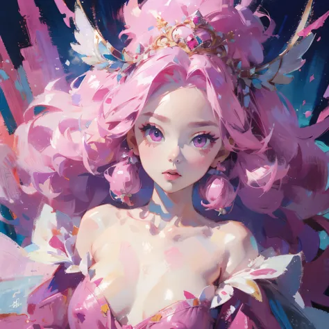 Pink Princess, (pink and blue hair), ((big hair)), double eyelid, a slim body, cute expression, Perfect skin, (fluffy), pink eyes, (fluffy Particles:1.2), (Cute clothes), (nsfv:1.1)