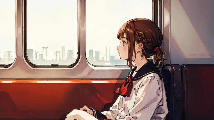 One 17 year old high school girl, white blouse, contemplative expression, profile looking out window, on train, brown hair, bobbed hair, masterpiece, high resolution, HDR, dark colors.