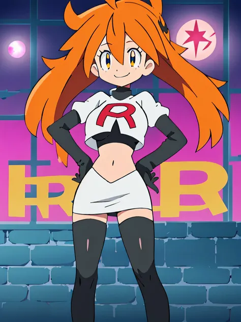 (1girl in:1.2), (Solo:1.2) , Brilliant Textured Work, top-quality, , , , 10 year old, black crop top tee, orange layered skirt, black spiky boots, black spiky wristbands, spiky choker, (orange hair:1.1), short hair, wavy hair, (violet eyes:1.1), shiny hair...