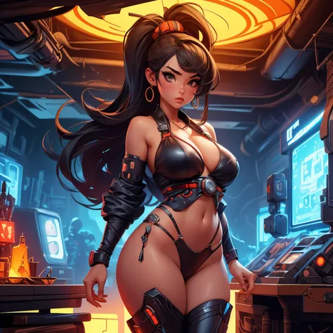 Interior scene of the cave cave, Horizontal scene, Game sideboard scene, retro cyber punk style, Steam Age, Parallel Perspective, cyber punk, Lava cave scene, Heads-up, retro、bikini-like kimono、Pubic hair visible、big clit、game character pattern