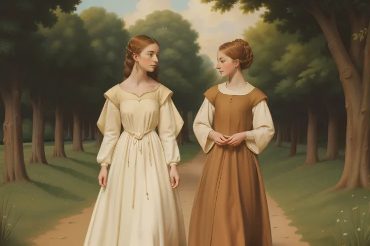 England, 1337. A young ((((20-year-old)) Caris Wooler)), attractive, expressive eyes, on a walk with a friend. ((((clothings from the 1300s, gown)))), ((light chestnut hairstyle of the 1300s))