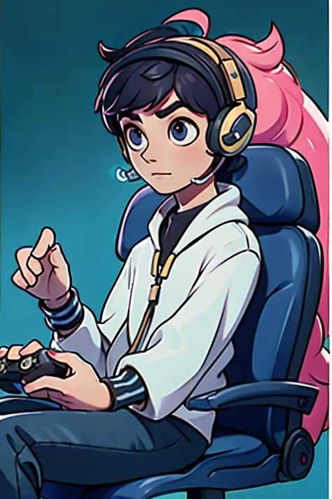 man, narrow eyes, paquito hair, wearing a gaming headset, playing game