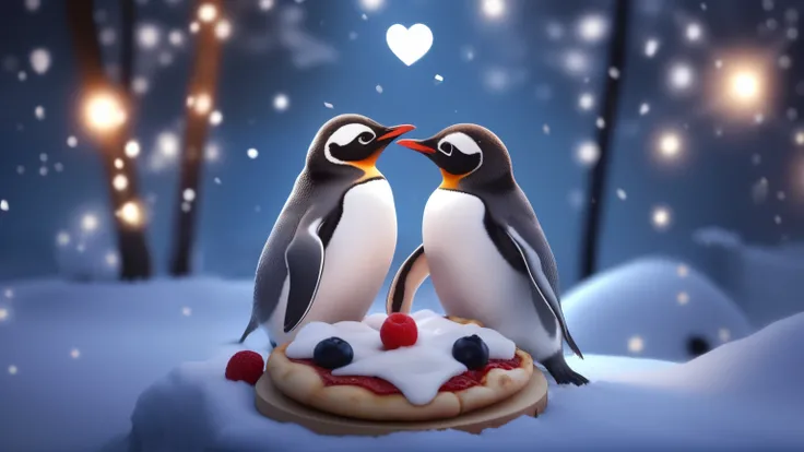 Penguins are standing on a pizza with berries and berries on it, Penguins0, so Cute, sharing pizza, Penguins, Cute 3 d render, handcuffsin, Cute, snowboarding Penguins, Cutest, ❤🔥🍄🌪, sweet, handcuffs, very Cute, romantic!!!, touching, Cute!, Alexander Kuch...