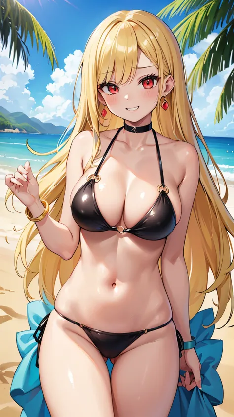 1girl,large breasts,(gleaming skin:1.4),(in heat:1.4),grin,more_details:1.5,sandy beach,bikini,(kitagawa marin 1girl blonde hair long hair multicolored hair red eyes jewelry earrings piercin black choker),shiny skin, shiny body