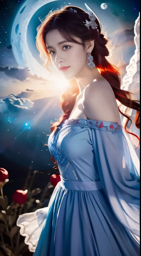 There is a woman in a red dress posing for a photo, moon themed costume, astral witch costume, fantasy costume, live-action girl cosplay, beautiful celestial mage, inspired by cold plum, bandeau dress, popular on cgstation, celestial goddess, April renderi...