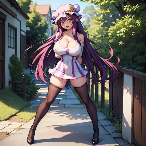 (Patchouli toho character), (standing at lakeside forest), outside, (standing with open legs wide:1.6), (thin arms behind back:1.3), (bending back:1.2), tiptoe, (pigeon toed), BREAK, (disproportionately gigantic huge perky breasts:1.4), cleavage, bouncing ...