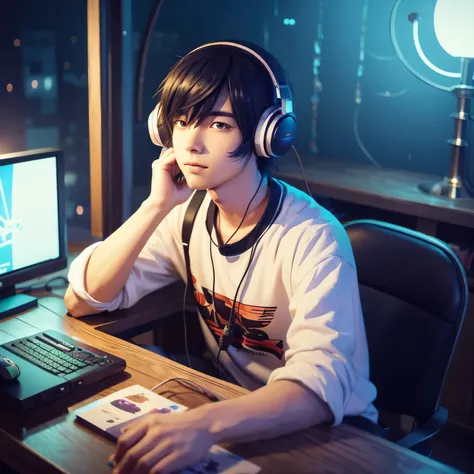 anime boy sitting at a desk with headphones on and a microphone, lofi art style, Nightcore, anime art wallpaper 8 k, high quality anime artstyle, anime wallpaper 4 k, anime wallpaper 4k, anime. soft lighting, ig studios anime style, anime wallaper, Makoto ...