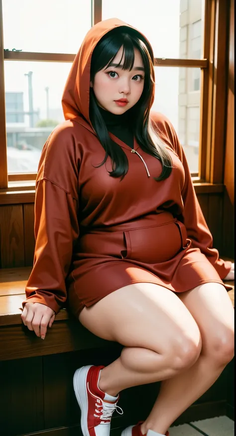 there is a woman sitting down with a longest brown hair, bbwchan, thicc, brown hijab outfit, brown hairstyle model, korean girl,...