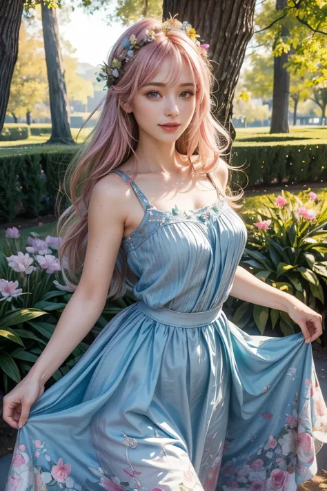 (Best Quality,4K,8K,hight resolution,tmasterpiece:1.2),ultra - detailed,(current,Realistically,realisticlying:1.37),girl in a luxurious blue dress,eyes were shining with joy, her lips were slightly curved，show a gentle smile. The sun casts a warm golden li...