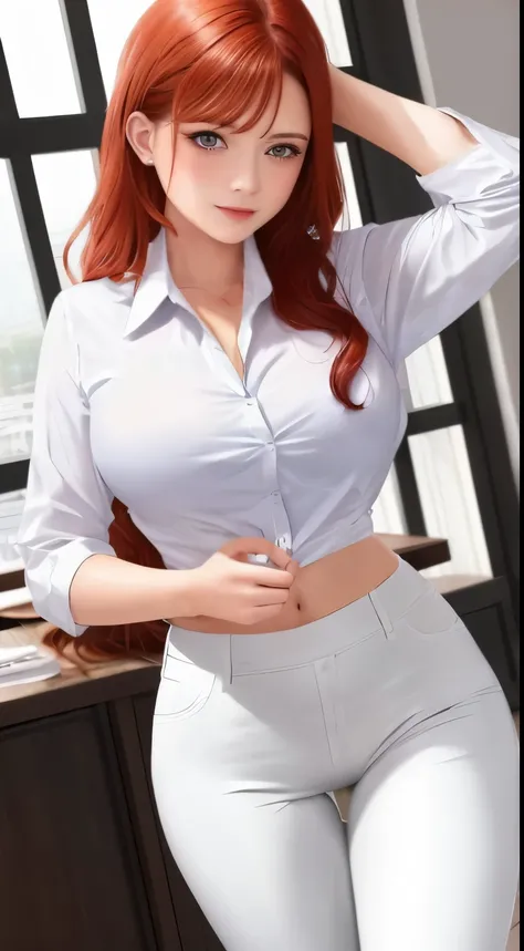 /draw (masterpiece, best quality), 8k, ultra-detailed, realistic photo, detailed face, perfect illumination, beautiful eyes, bright ginger hair, bright hair, beautiful legs, side photo, beautifull, cute, skin pores, 1girl, standind in office, hiking, offic...