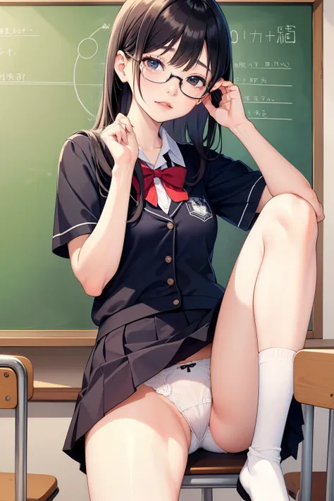 ((highest quality)), ((masterpiece)), (be familiar with), Japanese woman in school uniform、Wear glasses、standing in front of the blackboard、legs on chair、I lift up my skirt with both hands and see a little of my white panties.、nothing is written on the bla...