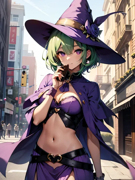 highest quality、very delicate and beautiful、(teenage girl)、purple eye、green hair、short hair、(purple witch hat)、purple tie、I、short sleeve、purple skirt、purple wizard&#39;robe of、navel cat、I have chocolate in my hand、((Valentine))