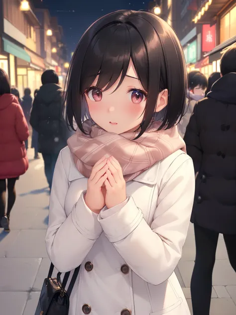 (best quality, master piece）,Close-up、　short hair、Inner winding、black hair、blush、blush、small breasts、Scarf、white coat for winter、street、hold a present with both hands、night、bustling street、There are many people