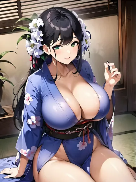 yukata、Beauty、mother、draw the whole body、thick thighs、smile、Middle-aged woman、black hair、lightly dressed、big breasts、transparent costume、See-through、black kimono