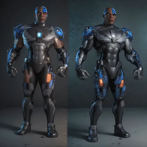 full body image, dc comics, cyborg victor stone, black man, photo-realistic, octane render, unreal engine, ultra-realistic