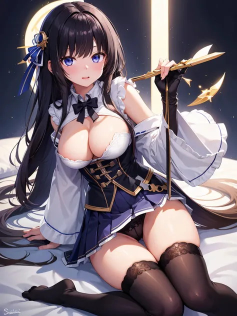 (1 girl),(high quality), (High resolution), (extremely detailed), (8K),(focus on lower body),(CG),female university student、beautiful girlfriend、magic knight costume、Magic Swordsman、witch、pleated skirt、sexy panties、(black knee high stockings:1.2)、erect nip...