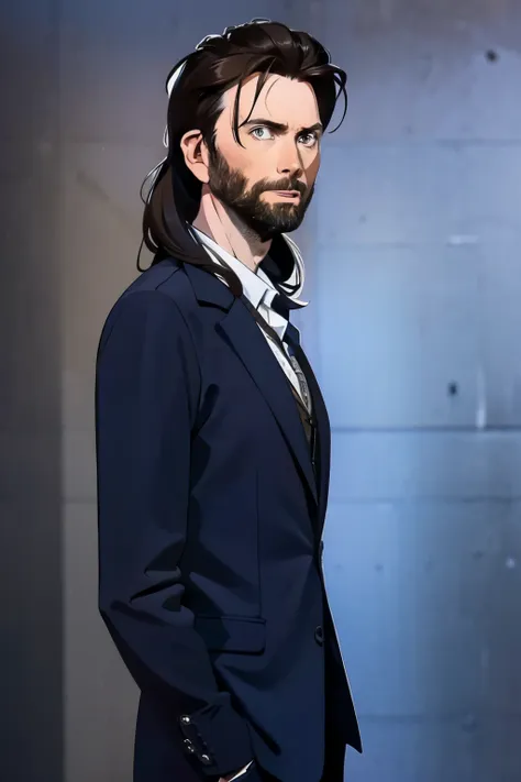 david tennant with long black hair and beard, gray eyes. elegant black clothes. simple background.