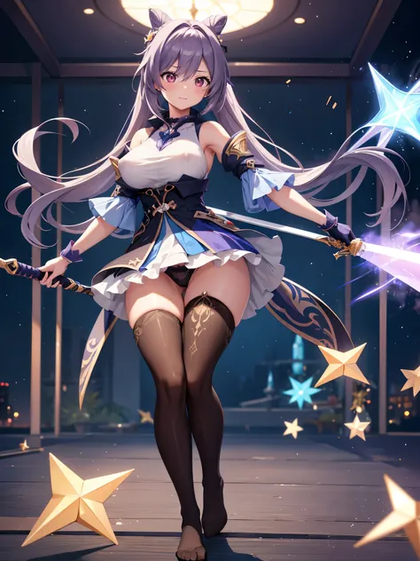 (1 girl),(high quality), (High resolution), (extremely detailed), (8K),(focus on lower body),(CG),female university student、beautiful girlfriend、magic knight costume、Magic Swordsman、Sorcerer、pleated skirt、sexy panties、(black knee high stockings:1.2)、(erect...