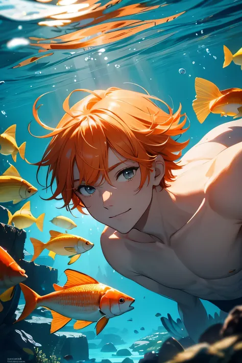 male,illustration,Absurd resolution, high resolution,(masterpiece: 1.4), light orange hair, underwater, bright, summer,many small fish around,looks happy,close up,