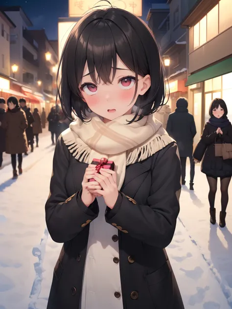 (best quality, master piece）,hold a present with both hands、　short hair、Inward roll、black hair、blush、blush、small breasts、Scarf、Completely naked、winter、street、hold a present with both hands、night、bustling street、There are many people