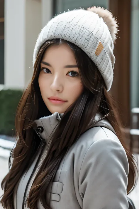 16 thousand., realistic quality, Girl Alone, Winter landscape, dressed in a thick winter down jacket, silver down jacket, pink knitted hat, It is very cold outside, there&#39;s snow everywhere, steam comes out of your mouth, frosty sun, frozen eyelashes, s...