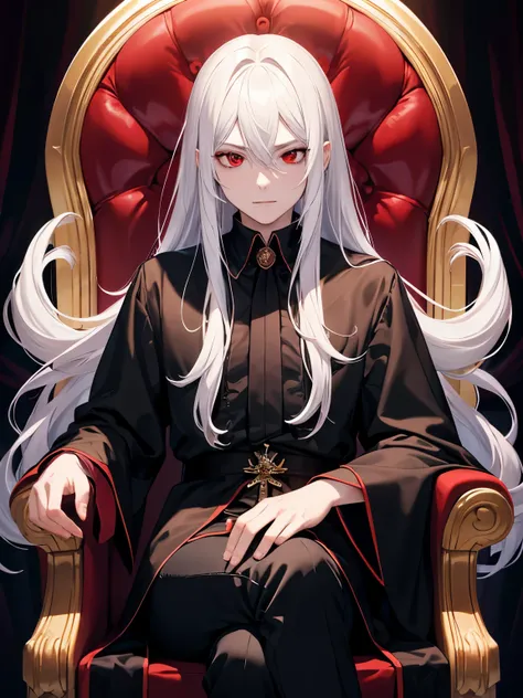 1 man, 30 years old, Sitting on the throne,vampire king, white hair, long hair, red eyes, black shirt, black pants, long robe, vampire teeth, in the vampire palace, ultra detail, perfect face, clear face, HD face,Ultra detailed face