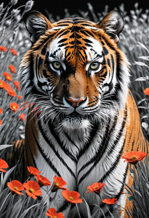 ((selective color)), drawing of majestic tiger in flower field, smooth lines, fine art piece, express expressions and postures t...