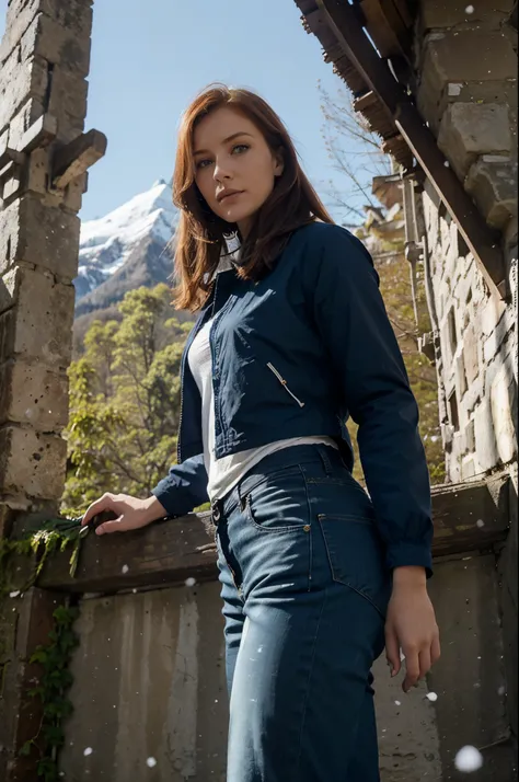 low angle steadycam, female, 28 years old, rousse, yeux bleus, pantalon marron, manteau fourrure blanc, neige, soleil, montagne, forêt, pont, rivière