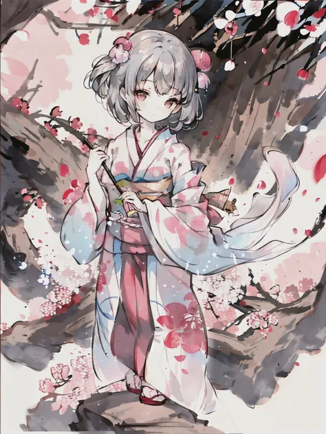 highest quality、girl、beautiful、wearing a kimono、Outside、cherry blossoms、Tasteful、ink painting、I hear the sound of water、amazing scenery